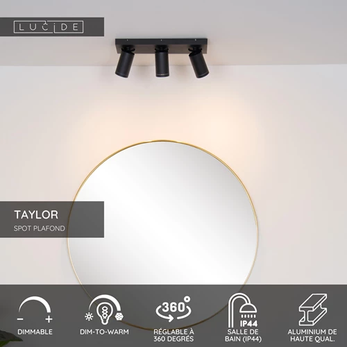 Lucide TAYLOR - Spot plafond Salle de bains - LED Dim to warm - GU10 - 3x5W 2200K/3000K - IP44 - Noir - USP